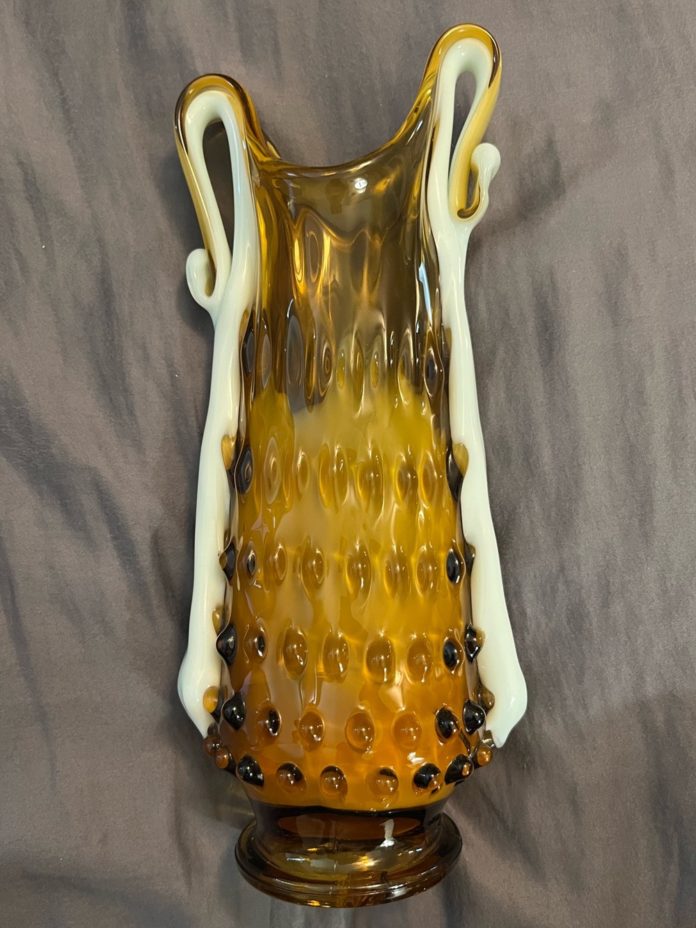 Decorative Two Tone Amber Hobnail Textured Glass Vase with White Accents